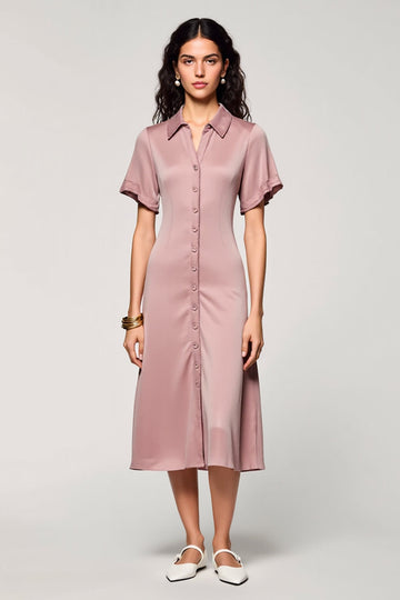 Pink A Line Lapel Single Breasted Long Work Dress with Sleeves
